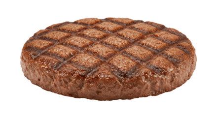 A juicy, round patty shows grill marks, highlighting delicious brown crust on all sides