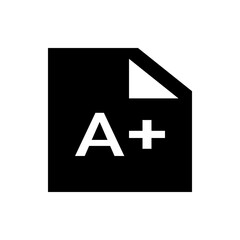 A black document with a folded corner and the white text a plus symbol displayed prominently on it