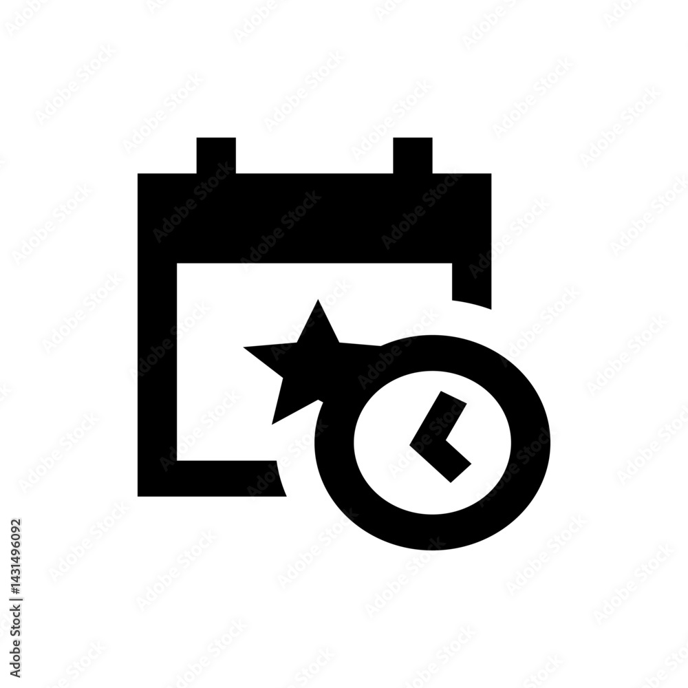 Poster black calendar icon with a star and a clock indicating a scheduled important event or appointment re