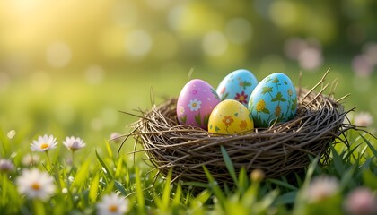 Obraz premium Vibrant Easter Nest with Colorful Decorated Eggs on Lush Grass – Sunlit Springtime Scene