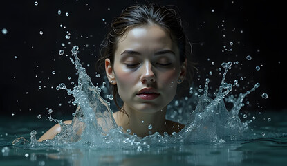 Fototapeta premium Woman's Face Emerging from Water Splash Against Dark Background 