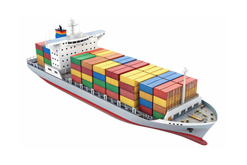 A massive cargo ship brimming with colorful shipping containers sails across the ocean representing global trade and international commerce A detailed 3D rendering showcases its impressive size and