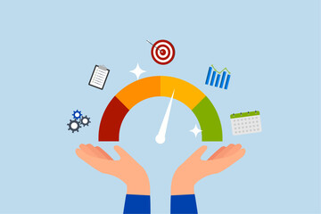 KPI key performance indicator, businessman hand with KPI performance gauge scale.