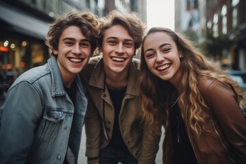 Smiling three young friends posing for a shot in the city
