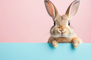 Obraz premium Cute bunny peeking over blue edge on pink background