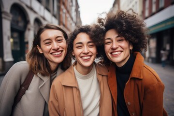 Fototapeta premium Smiling three young friends posing for a shot in the city