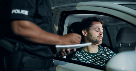 Man, police and writing of ticket fine, registration and speeding for traffic warning. Person, law...
