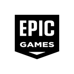 Epic games logo featuring white text on a black shield shaped background with a downward pointing arrow design