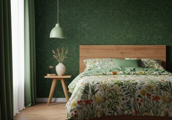 Bedroom with floral bedding, wooden headboard, and green walls