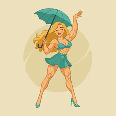 Muscular Woman Posing with an Umbrella in Retro Cartoon Style