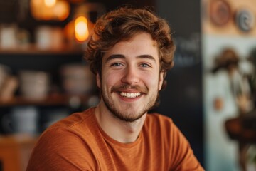Smiling young man talking on podcast in studio