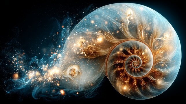 Fibonacci, spiral, fractal, cosmic, mystical, shell, glowing, space, light, galaxy, abstract, swirl, nautilus, pattern, energy, universe, futuristic, stars, fantasy, golden, blue, artistic, symmetry, 