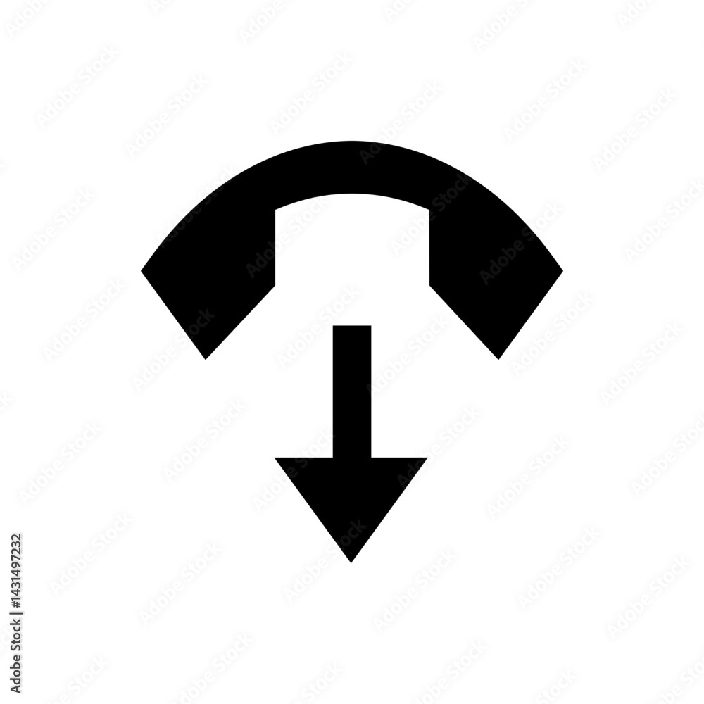 Poster black downward arrow extending from a curved shape resembling a telephone receiver on a white backgr