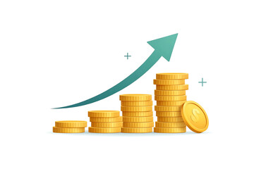 Growing stacks of gold coins illustrate financial success wealth accumulation and investment growth with an upward teal arrow on a white background