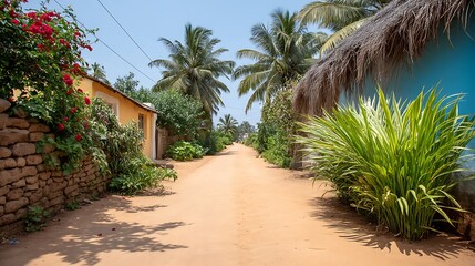 Obraz premium A narrow dirt road lined with palm trees and colorful houses, leading to a beach