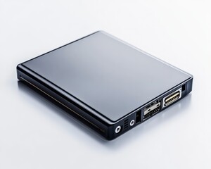 External hard drive with a sleek black design and various connection ports.