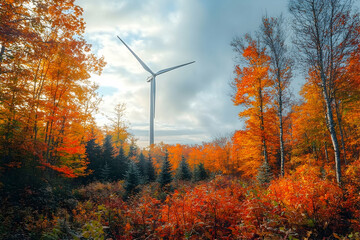 Obraz premium Vibrant autumn landscape featuring a wind turbine amidst colorful foliage and cloudy skies