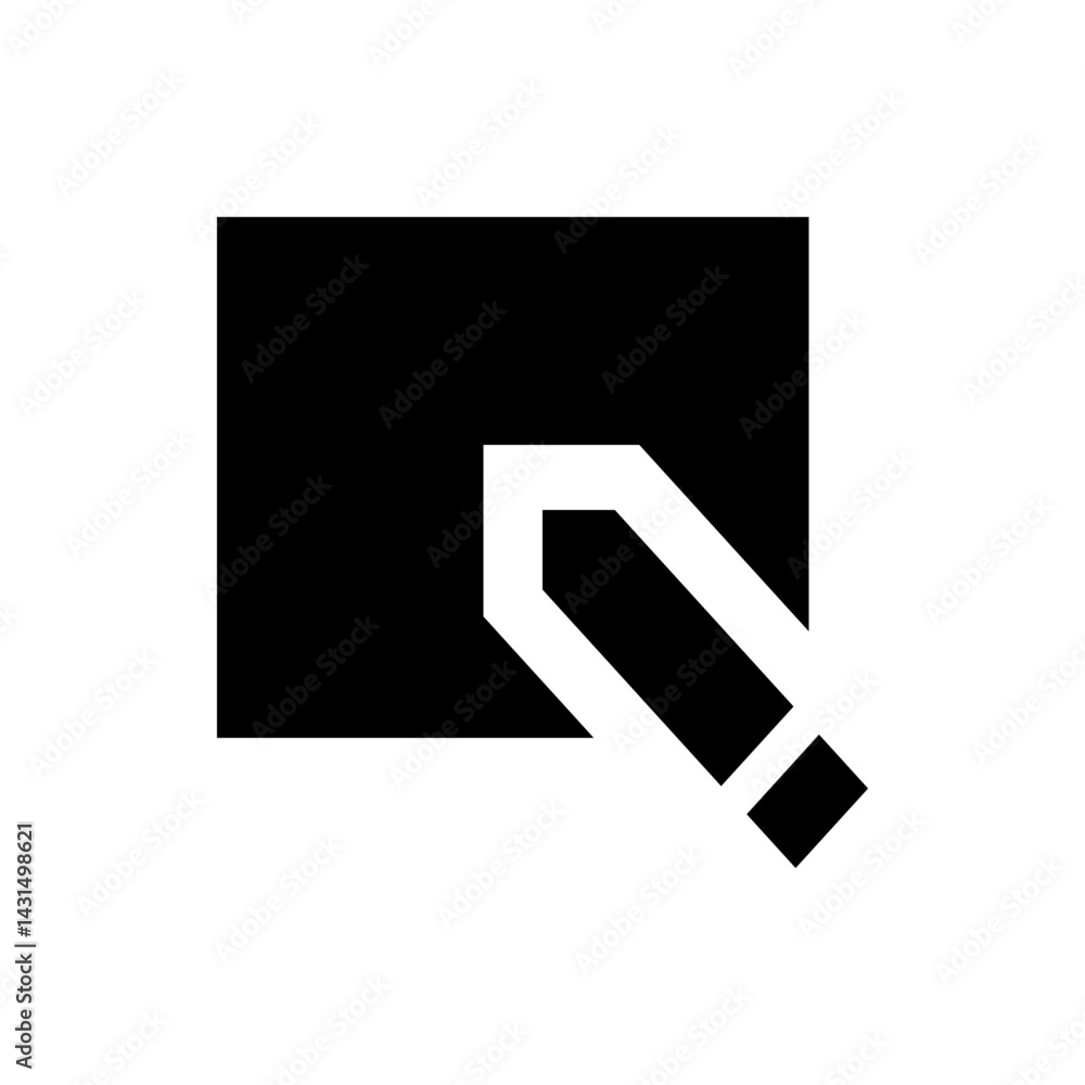 Poster black square with a white outlined pencil pointing towards it indicating editing or writing action i