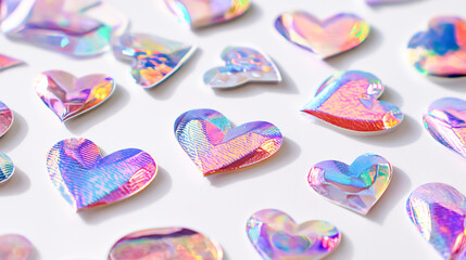 Collection of holographic heart-shaped stickers sparkling under studio lighting on a clean white background, iridescent dreamy textures