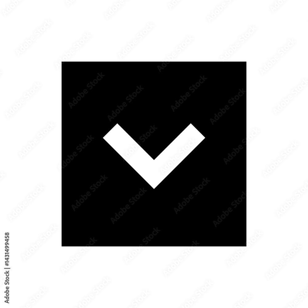 Poster white downward arrow centered within a black square indicating direction or navigation on a dark bac
