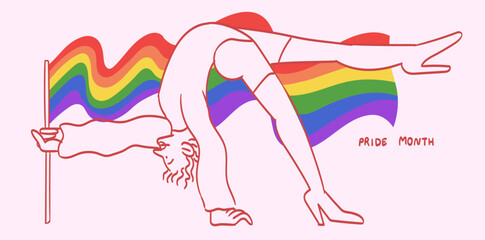 People hold megaphone and flags with lgbt rainbow and transgender flag during pride month celebration against violence, descrimination, human rights violation. Equality and self-affirmarmation.