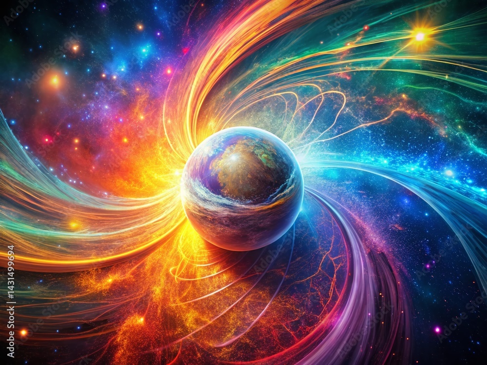 Wall mural cosmic convergence: dynamic swirling magnetic field lines converging on a bright central sphere in d