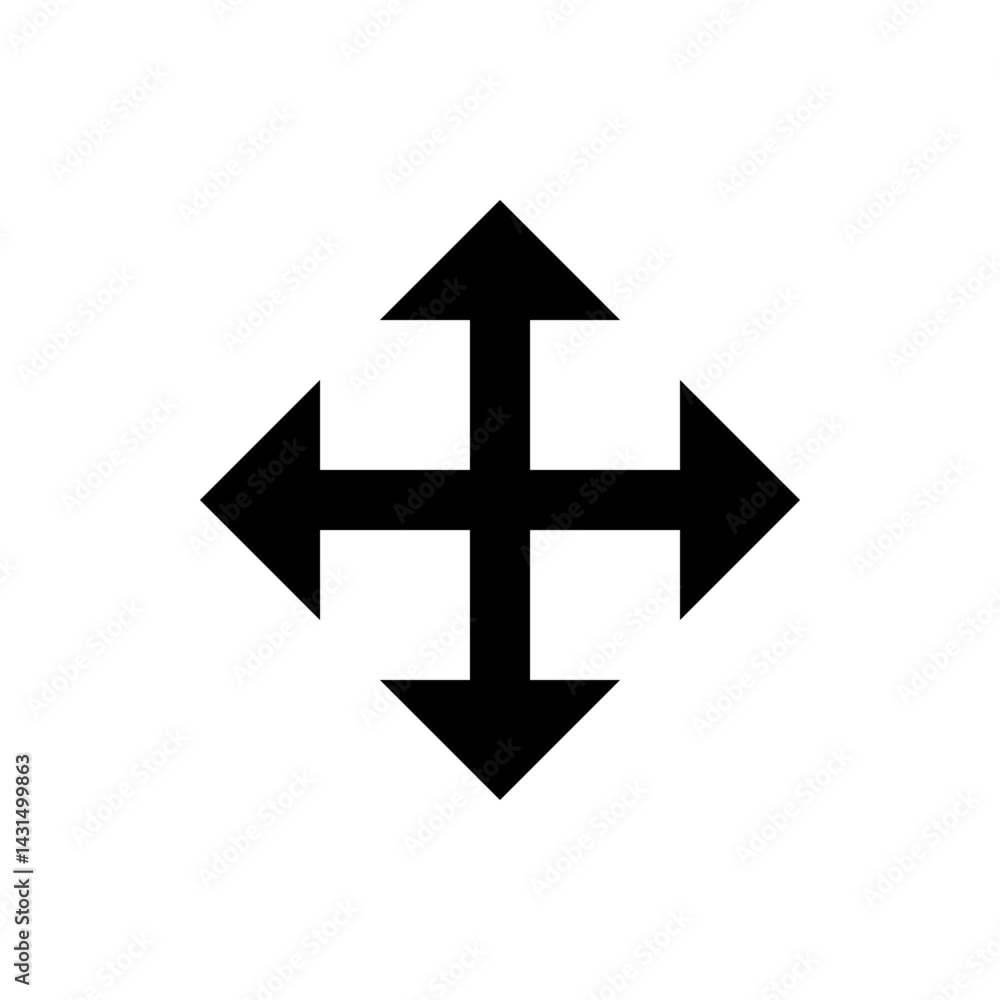 Poster black cross shape made of arrows pointing in four directions on a white background in a simple desig