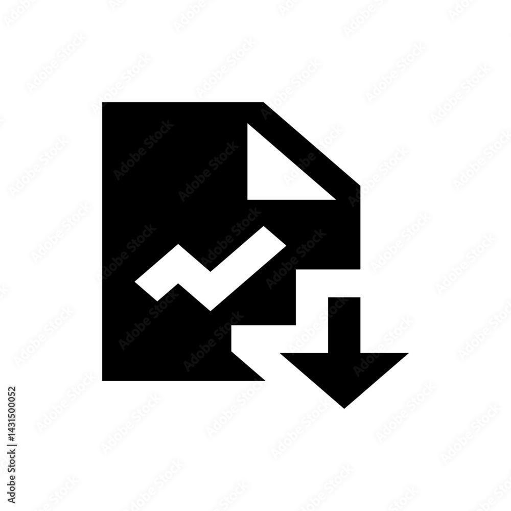 Poster black document with a folded corner and a white zigzag line and a downward arrow on a white backgrou