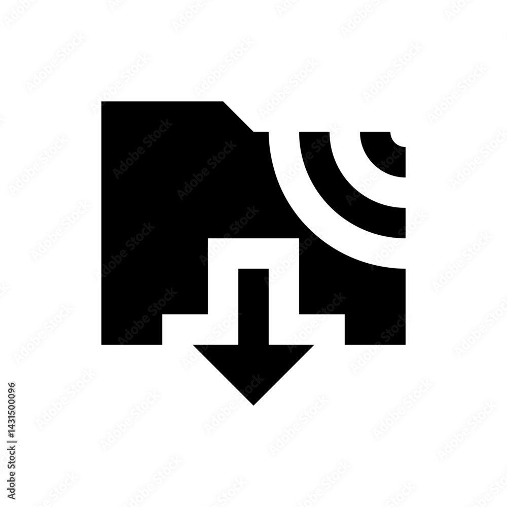 Poster black square with an arrow pointing down and white curved lines in the upper right corner symbol des