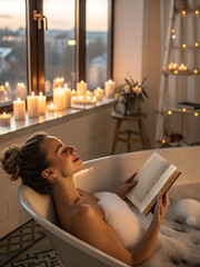Peaceful scene of a woman enjoying a book in a warm bubble bath with candles.
