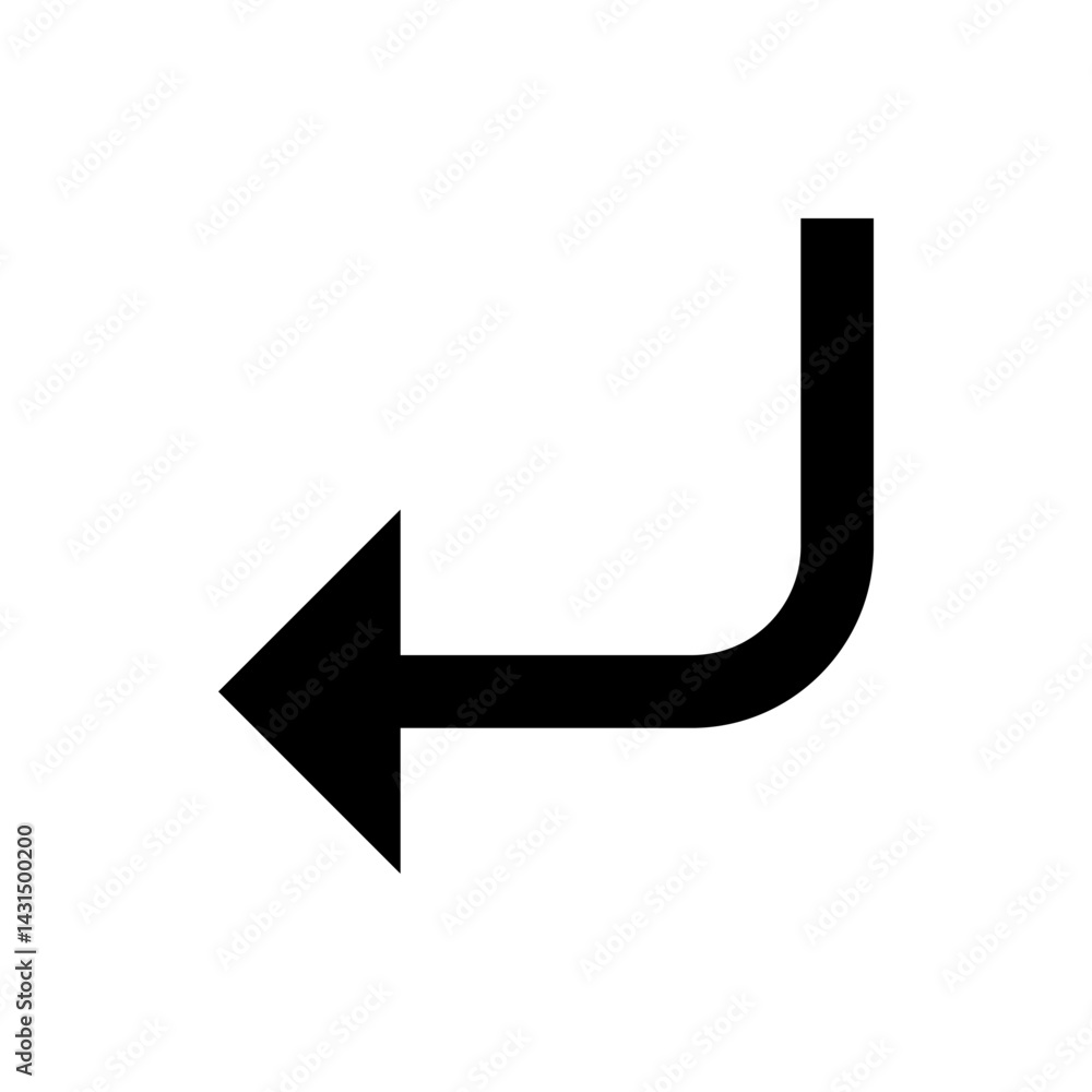 Aufkleber black arrow turning downwards and pointing left on a white background in a simple vector graphic