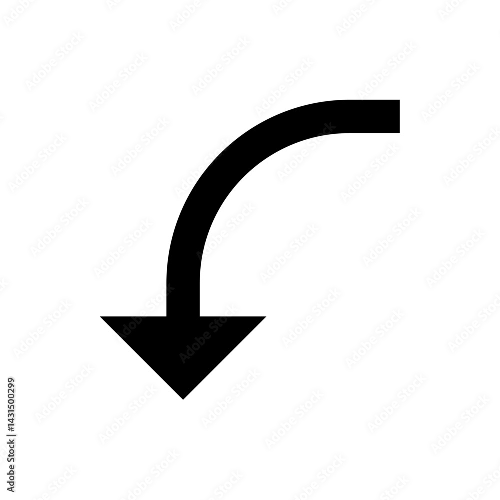 Poster black curved arrow pointing downwards on a white background indicating direction and navigation symb