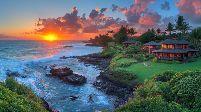 Fototapeta Oceanfront Sunset Paradise: Luxurious Hawaiian Villas