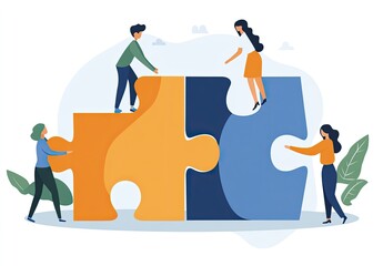 Four individuals collaboratively assemble a large puzzle, symbolizing teamwork and problem-solving
