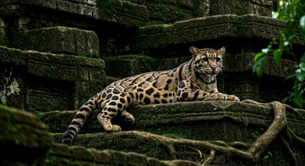 Clouded leopard (Neofelis nebulosa) resting on mossy jungle temple ruins surrounded by roots
