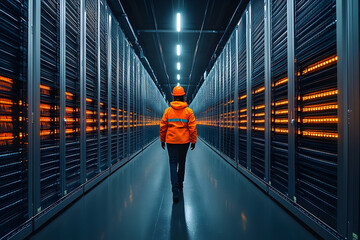 Worker in safety gear walks through a high-tech data center with glowing servers