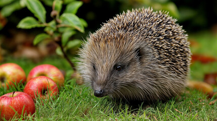 European hedgehog (Erinaceus europaeus) walking in garden grass beside red apples in autumn