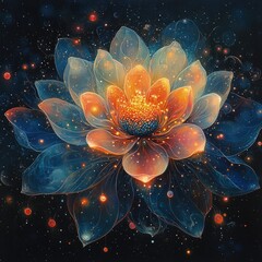 Stylized lotus flower in blue and orange with sparkling accents on dark background.