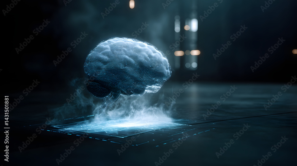 Poster brain's digital dawn: an illuminated human brain floats amidst ethereal mist, symbolizing the profou