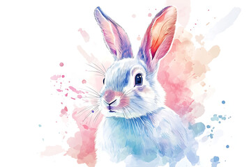 Obraz premium Watercolor illustration of a rabbit with colorful splashes in the background, symbolizing nature
