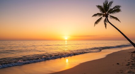 A serene tropical beach at sunset, featuring a palm tree silhouetted against the vibrant sky, with a touch of calmness and warmth 