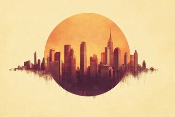 Obraz premium A stylized, warm-toned cityscape silhouette encircled by a sun-like disc.