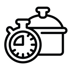 Cooking pan and clock line icon, culinary cooking concept. Vector graphics. Timer with soup pot, food sign on white background, style for mobile or design.