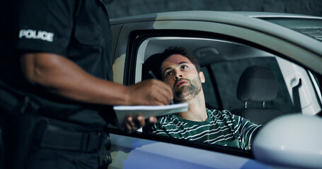 Man, officer and writing of ticket fine, registration and speeding for traffic warning. Person, law...