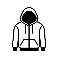 Minimalist black and white vector icon of a hooded sweatshirt with front pockets and drawstrings
