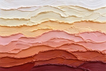 Fototapeta premium Textured canvas layers of earthy paint strokes studio art creation abstract expressionism warm color palette close-up perspective artistic concept