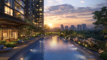 Fototapeta premium Luxury Rooftop Infinity Pool at Sunset