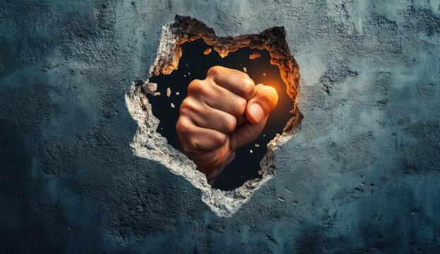 A fist breaks through a concrete wall, with pieces of the wall flying away
