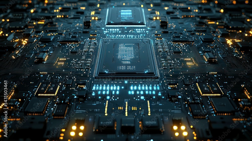 Poster futuristic microchip circuit board: a close-up view of advanced technology