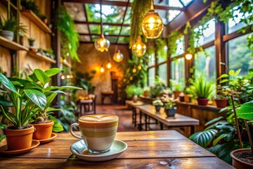 Fototapeta premium Cozy Coffee Shop: Latte Art, Plants & Flowers